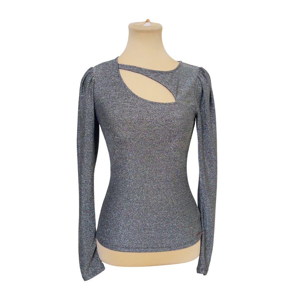 n:philanthropy Womens Metallic Cutout Long Sleeve Top S Silver 1550LRX00